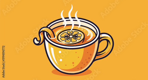 Steaming cup of warm citrus beverage with a lemon slice