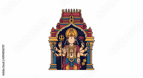 Stylized deity figure with multiple arms and weapons within a decorative temple facade