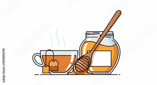 Steaming tea cup beside a jar of golden honey with a wooden dipper