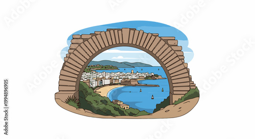 Stone archway frames a picturesque seaside town with a sandy beach and boats
