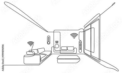 Modern living room interior depicted with continuous line art style.