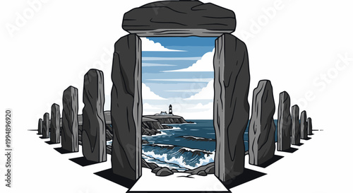Stone archway opens to rugged coast, lighthouse, and ocean waves under a cloudy sky