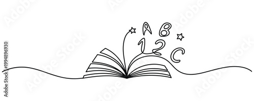 Open book with flying letters numbers and stars.