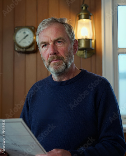 A middle-aged man with grey hair and a beard wearing a navy blue sweater looks intently at a piece of paper in his hands. Male lighthouse keeper portrait brass lamp glow.