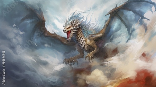 A Mighty Amber Dragon Soars Through Turbulent Storm Clouds Over Fiery Horizon