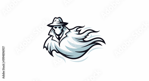 Stylized ghostly figure in a fedora and trench coat, emitting smoky trails