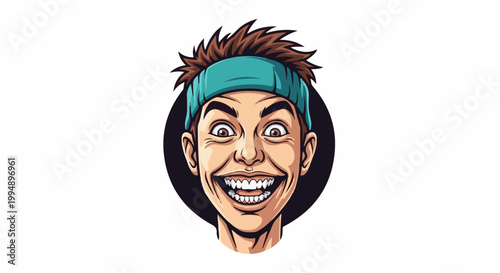 Stylized cartoon portrait of a young person with a wide, excited grin and spiky hair