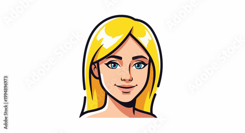 Stylized cartoon portrait of a young woman with bright blonde hair and blue eyes