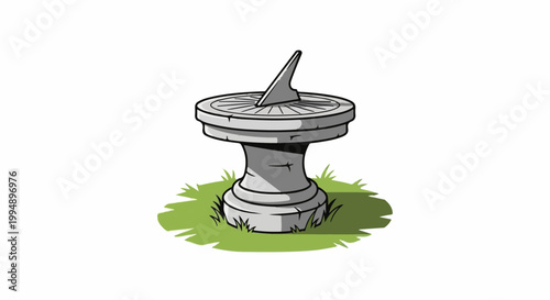 Stone sundial with gnomon on grassy ground, casting a shadow