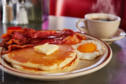 Breakfast With Pancakes, Bacon, Egg, and Coffee at a Diner Table