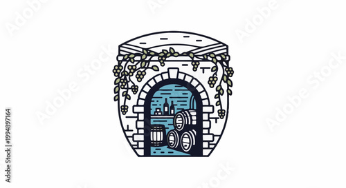 Stone cellar with grapevines, barrels, and bottles