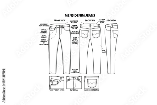 Mens denim jeans technical drawing with labels, vector illustration on transparent background.