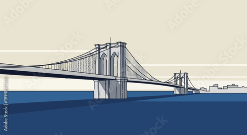 Stylized iconic suspension bridge spans over calm blue water against a muted striped sky