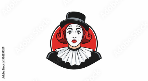 Stylized illustration of a mime performer in traditional makeup and costume