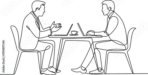Two, minimal one line art of two office coworkers talking representing communication concept in clean vector style ideal for workplace themes, business discussions, and professional interaction visual