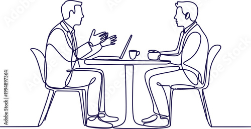 Two, minimal one line art of two office coworkers talking representing communication concept in clean vector style ideal for workplace themes, business discussions, and professional interaction visual