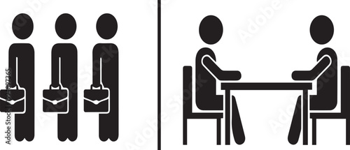 Job Interview and Candidate Selection Icon – Business Hiring Process, Applicants Queue and Interview Meeting Illustration