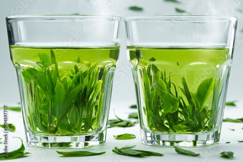Warm Drinks With Green Leaves in Glass Cups on a White Table With Scattered L...