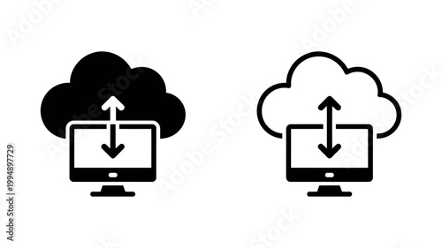 Computer monitor connected to a cloud with up and down arrows, symbolizing cloud computing and data transfer, computer