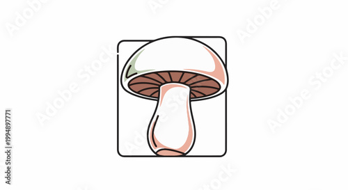 Stylized illustration of a mushroom with a pinkish-white stem and cap, within a black outline