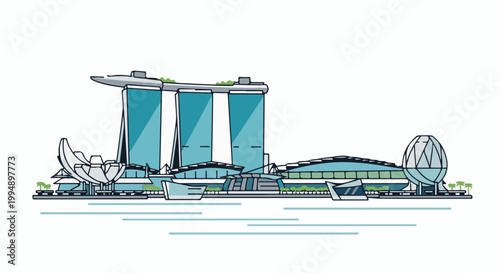Stylized illustration of a modern waterfront cityscape with three tall towers and curved buildings