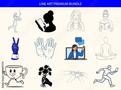 Set of line art icons and illustrations featuring people and everyday objects