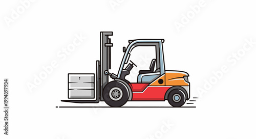 Stylized illustration of a red and orange forklift lifting a pallet of boxes