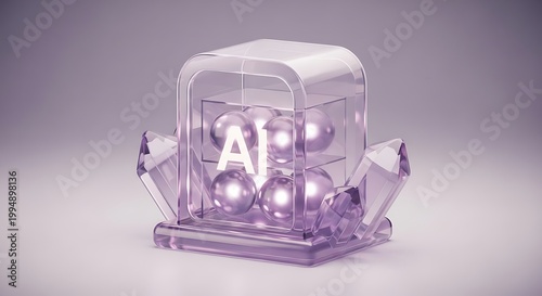 Transparent purple AI device with spheres and crystals on light gray background.