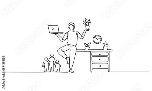 Person balancing laptop and plant while standing near desk with family figures.