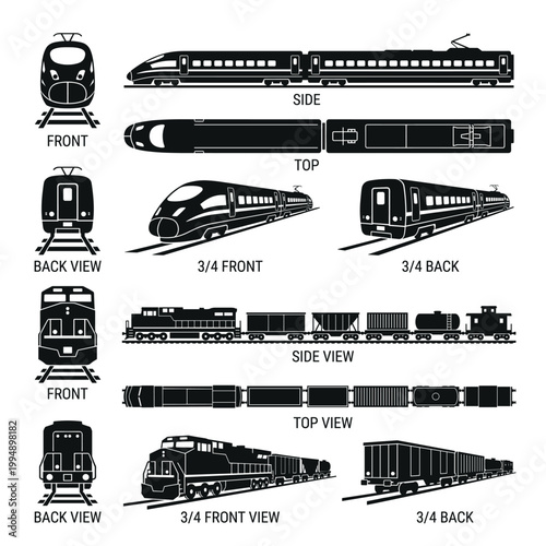 Modern high-speed passenger train various views side front top transparent vector.