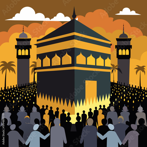 Silhouette of crowd around Kaaba structure. Simple black and white icon depicting the kaba with pilgrims around it