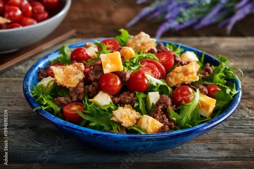 Fresh Salad With Beef, Cheese, and Tomatoes Served on a Wooden Table With a B...