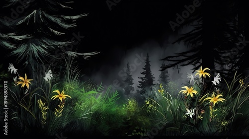 A Moonlit Forest Clearing Beneath Silent Pines With Bright Yellow Wildflowers and Mist