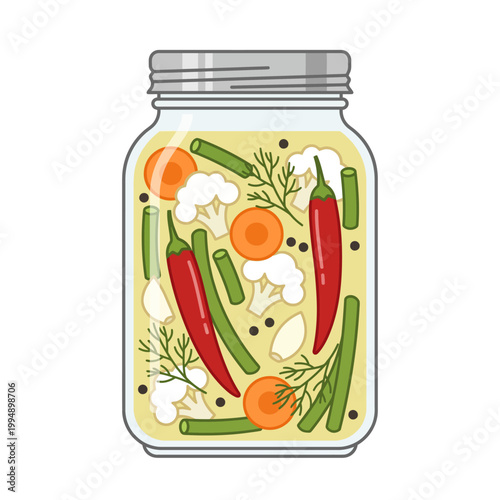 Flat Vector Illustration of Pickled Vegetables in Jar