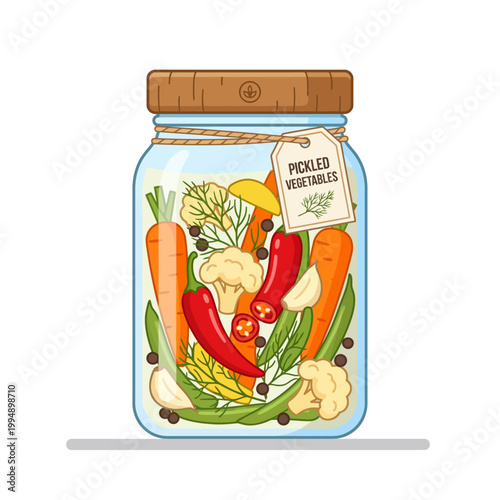Flat Vector Illustration of Pickled Vegetables in Jar