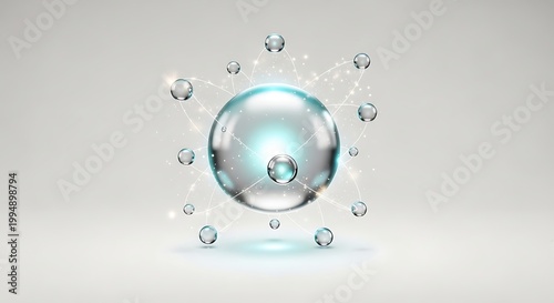Abstract silver atom model with blue glow and electron orbits on white background.