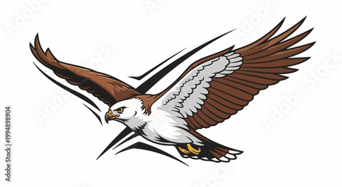 Stylized brown and white raptor with outstretched wings and sharp talons