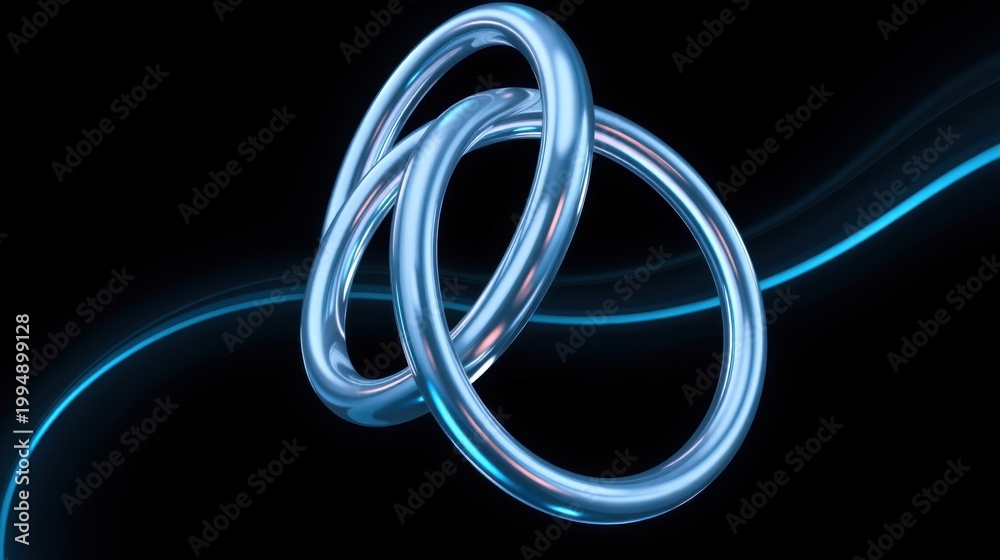 Fototapeta premium Silver rings interlock, creating abstract form. Blue light streaks across dark background. Minimalist design, sleek presentation.