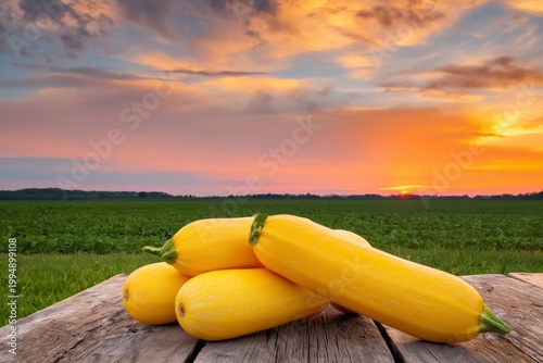 Yellow Squash Rests on Wooden Table in Field at Sunset in Warm Colors and Nat...