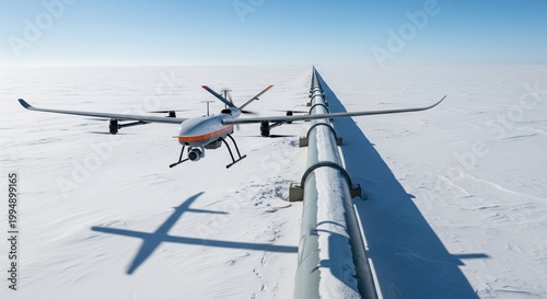 Unmanned aerial vehicle inspecting industrial pipeline in snowy arctic winter landscape