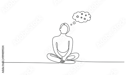 Person meditating with stars in a thought bubble above head.