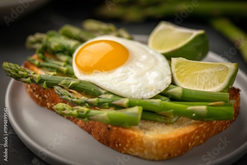 Breakfast With Asparagus and Fried Egg on Toast With Lime Wedges