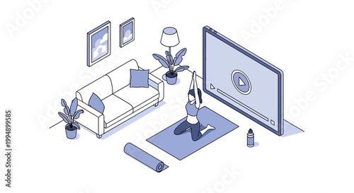 Woman Practicing Yoga at Home Following Online Video Class Tutorial, Isometric Illustration