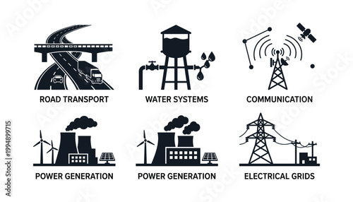 Six essential infrastructure concepts flat icons on transparent background vector set.