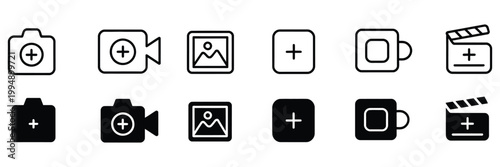 Camera with plus sign, insert and add video or photo icon, add photo vector illustration, modern  symbol for upload, capture, and media insertion