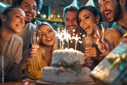 Friends Celebrate at a Birthday Party With Cake, Sparklers, and Drinks in a C...