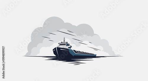 Stylized cargo ship navigates stormy seas under dramatic clouds