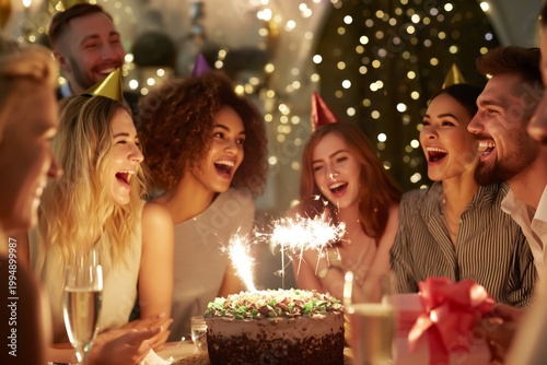 Friends Celebrate at a Birthday Party With Cake, Sparklers, and Drinks in a C...