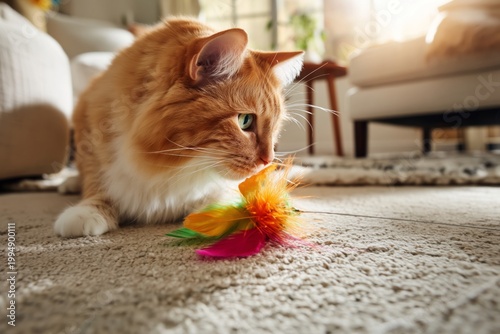 Orange Cat Plays With Colorful Toy Near Sofa on a Sunny Afternoon Indoors