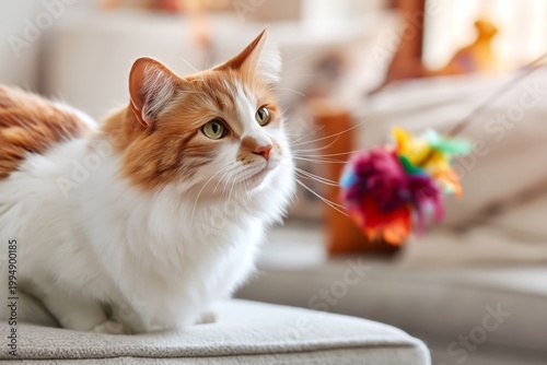 Cat Sitting on a Couch and Looking at a Colorful Toy in a Living Room